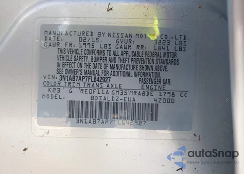 2015 Nissan Sentra Fe+ S/S/Sl/Sr/Sv из США, поврежденный, VIN 3N1AB7AP7FL642927